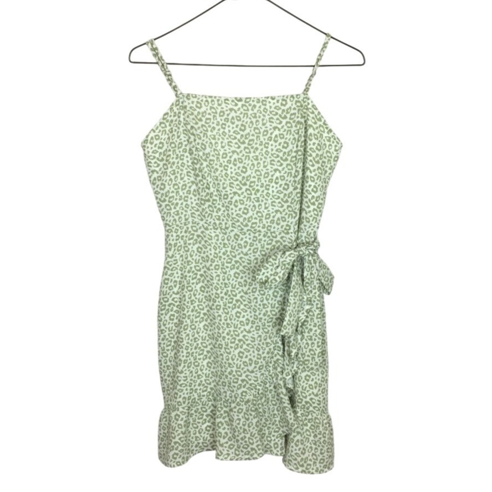 Altar'd State Anya Mini Dress Green Leopard Ruffle Strap Wrap Tie Size Medium